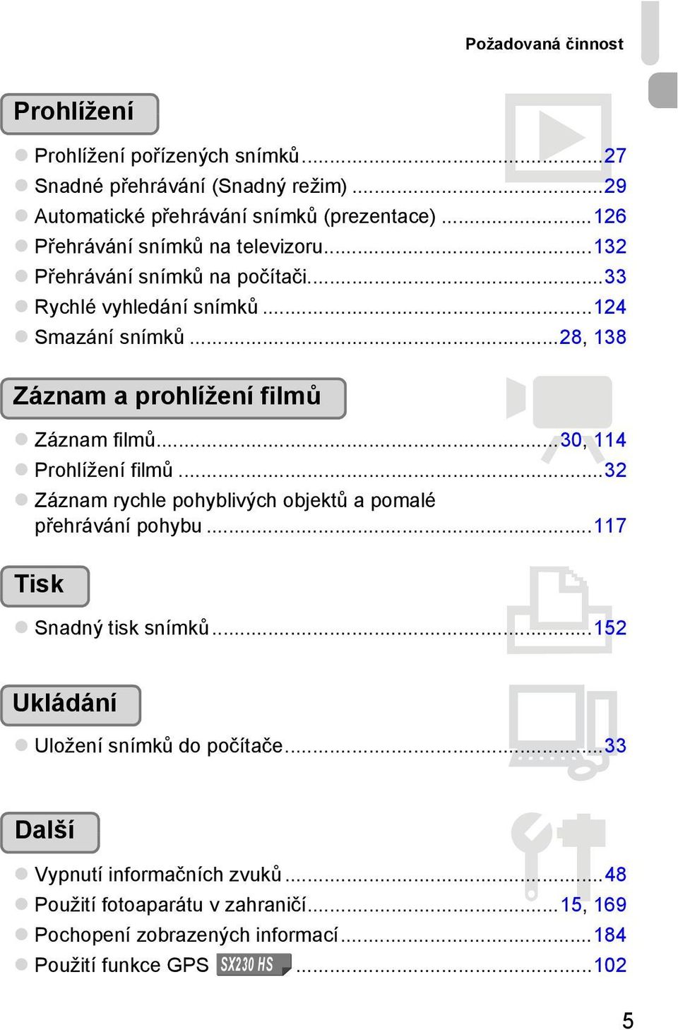 ..28, 138 Záznam a prohlížení filmů E Záznam filmů...30, 114 Prohlížení filmů...32 Záznam rychle pohyblivých objektů a pomalé přehrávání pohybu.