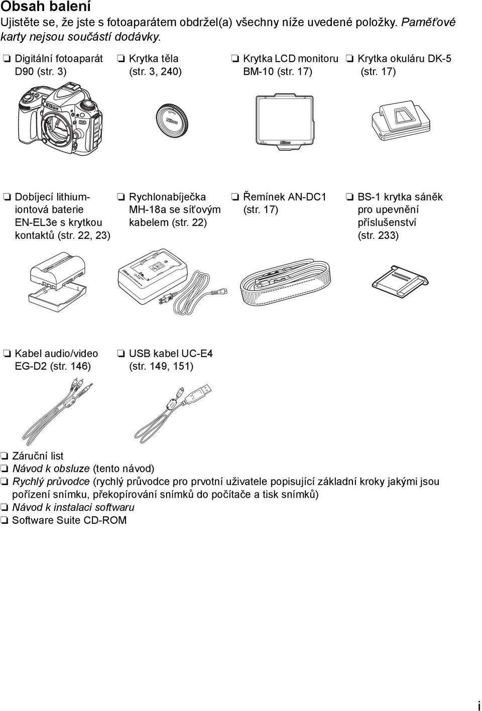 22) Řemínek AN-DC1 (str. 17) BS-1 krytka sáněk pro upevnění příslušenství (str. 233) Kabel audio/video EG-D2 (str. 146) USB kabel UC-E4 (str.