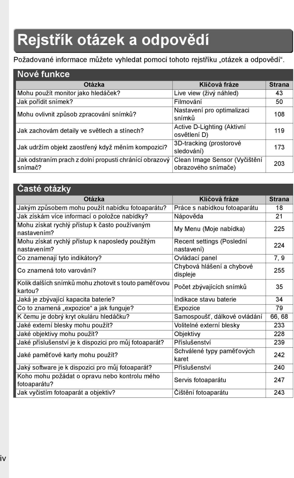 Active D-Lighting (Aktivní osvětlení D) 119 Jak udržím objekt zaostřený když měním kompozici? 3D-tracking (prostorové sledování) 173 Jak odstraním prach z dolní propusti chránící obrazový snímač?