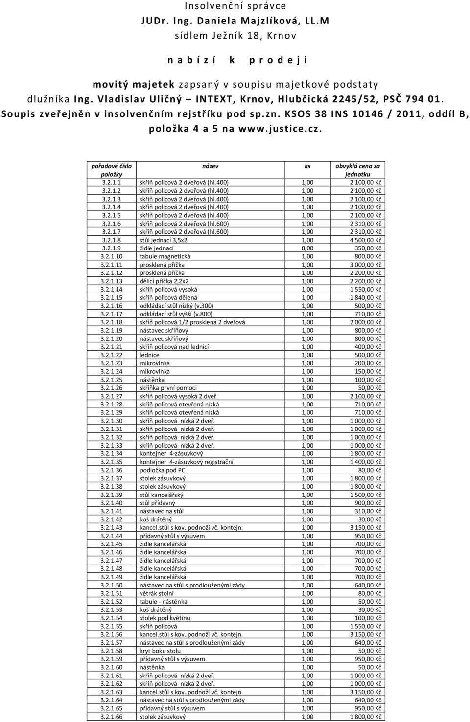 pořadové číslo položky název ks obvyklá cena za jednotku 3.2.1.1 skříň policová 2 dveřová (hl.400) 1,00 2 100,00 Kč 3.2.1.2 skříň policová 2 dveřová (hl.400) 1,00 2 100,00 Kč 3.2.1.3 skříň policová 2 dveřová (hl.