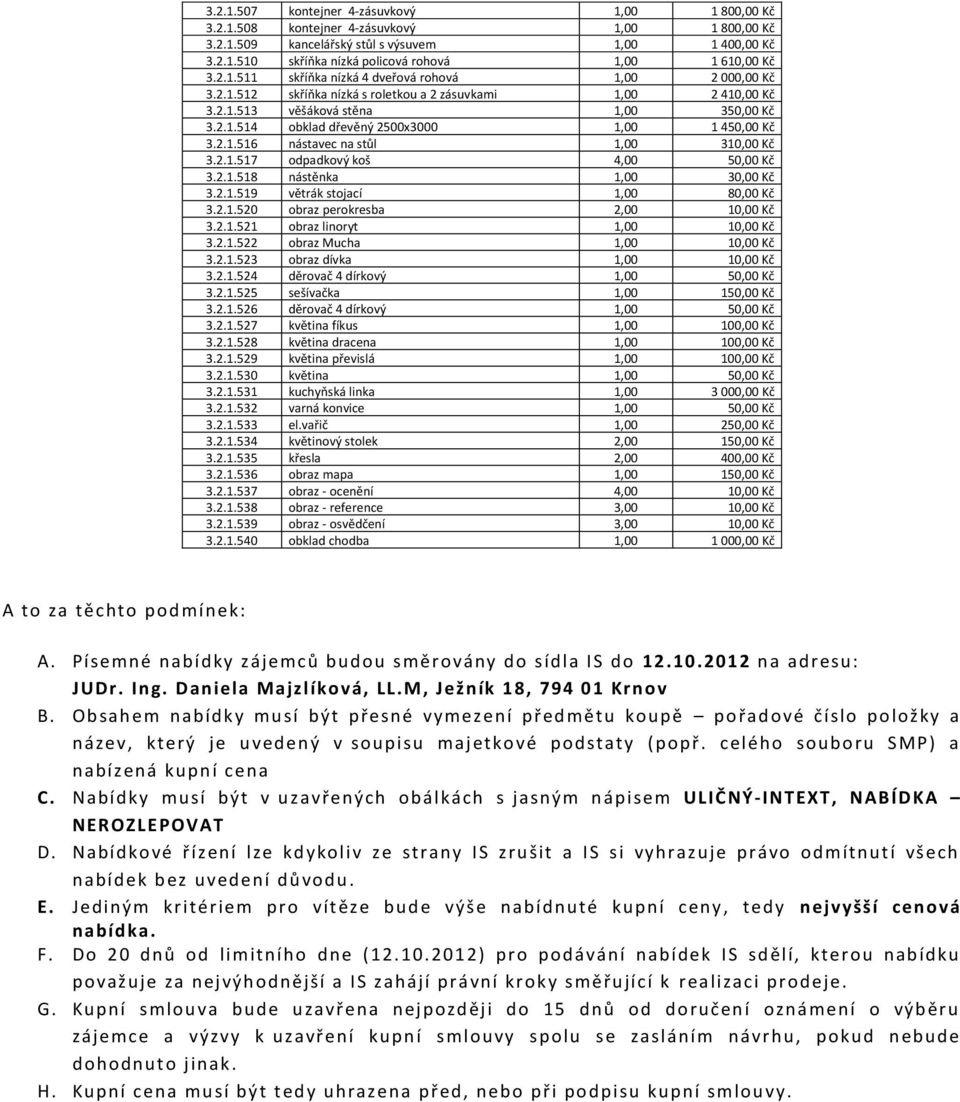 2.1.516 nástavec na stůl 1,00 310,00 Kč 3.2.1.517 odpadkový koš 4,00 50,00 Kč 3.2.1.518 nástěnka 1,00 30,00 Kč 3.2.1.519 větrák stojací 1,00 80,00 Kč 3.2.1.520 obraz perokresba 2,00 10,00 Kč 3.2.1.521 obraz linoryt 1,00 10,00 Kč 3.