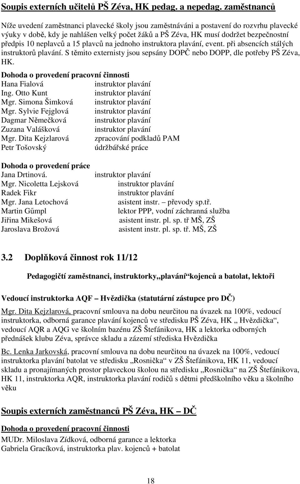 neplavců a 15 plavců na jednoho instruktora plavání, event. při absencích stálých instruktorů plavání. S těmito externisty jsou sepsány DOPČ nebo DOPP, dle potřeby PŠ Zéva, HK.