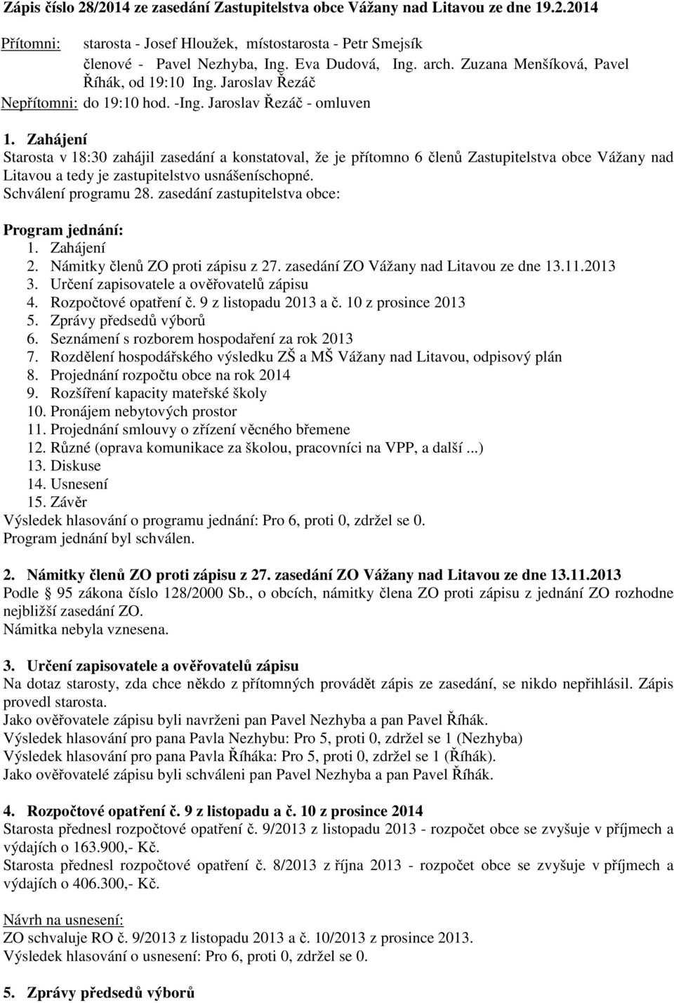 Zahájení Starosta v 18:30 zahájil zasedání a konstatoval, že je přítomno 6 členů Zastupitelstva obce Vážany nad Litavou a tedy je zastupitelstvo usnášeníschopné. Schválení programu 28.
