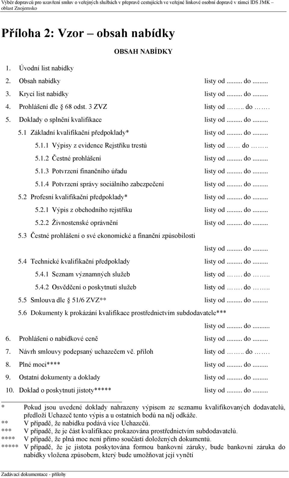 .. do... 5.1.4 Potvrzení správy sociálního zabezpečení listy od... do... 5.2 Profesní kvalifikační předpoklady* listy od... do... 5.2.1 Výpis z obchodního rejstříku listy od... do... 5.2.2 Živnostenské oprávnění listy od.