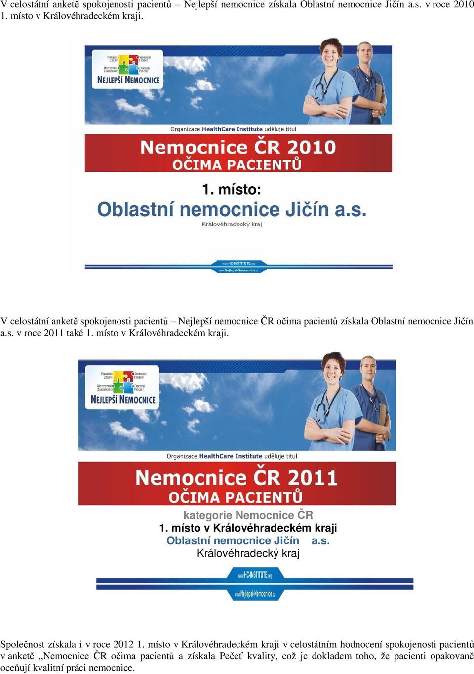 kategorie Nemocnice ČR 1. místo v Královéhradeckém kraji Oblastní nemocnice Jičín a.s. Královéhradecký kraj Společnost získala i v roce 2012 1.