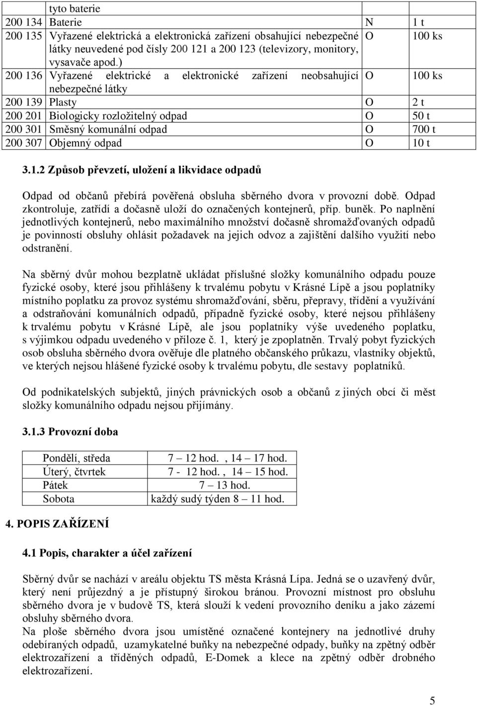 200 307 Objemný odpad O 10 t 3.1.2 Způsob převzetí, uložení a likvidace odpadů Odpad od občanů přebírá pověřená obsluha sběrného dvora v provozní době.