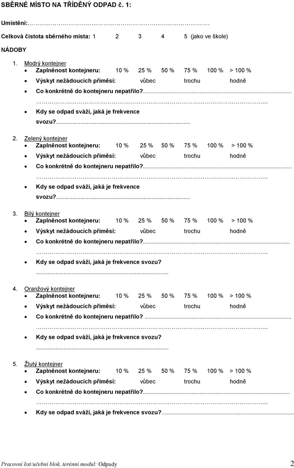 Zelený kontejner Zaplněnost kontejneru: 10 % 25 % 50 % 75 % 100 % > 100 % Výskyt nežádoucích příměsí: vůbec trochu hodně Co konkrétně do kontejneru nepatřilo?... 3.