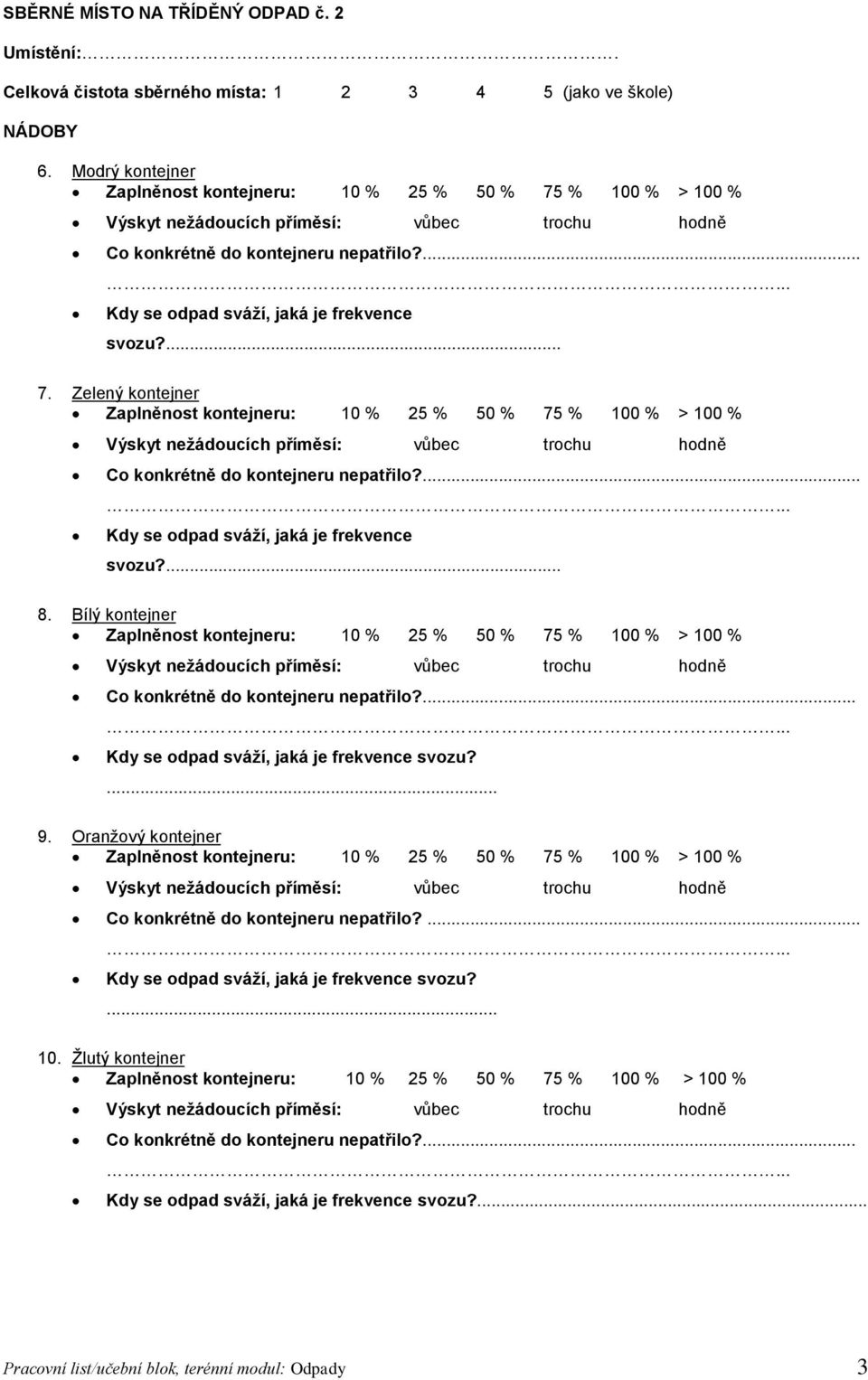 Zelený kontejner Zaplněnost kontejneru: 10 % 25 % 50 % 75 % 100 % > 100 % Výskyt nežádoucích příměsí: vůbec trochu hodně Co konkrétně do kontejneru nepatřilo?... 8.