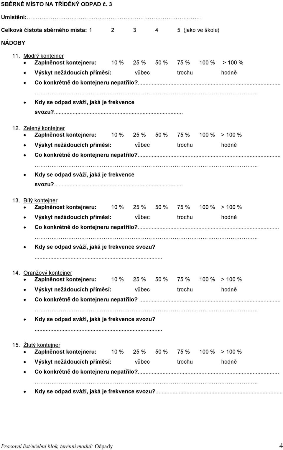 Bílý kontejner Zaplněnost kontejneru: 10 % 25 % 50 % 75 % 100 % > 100 % Výskyt nežádoucích příměsí: vůbec trochu hodně Co konkrétně do kontejneru nepatřilo?... svozu? 14.