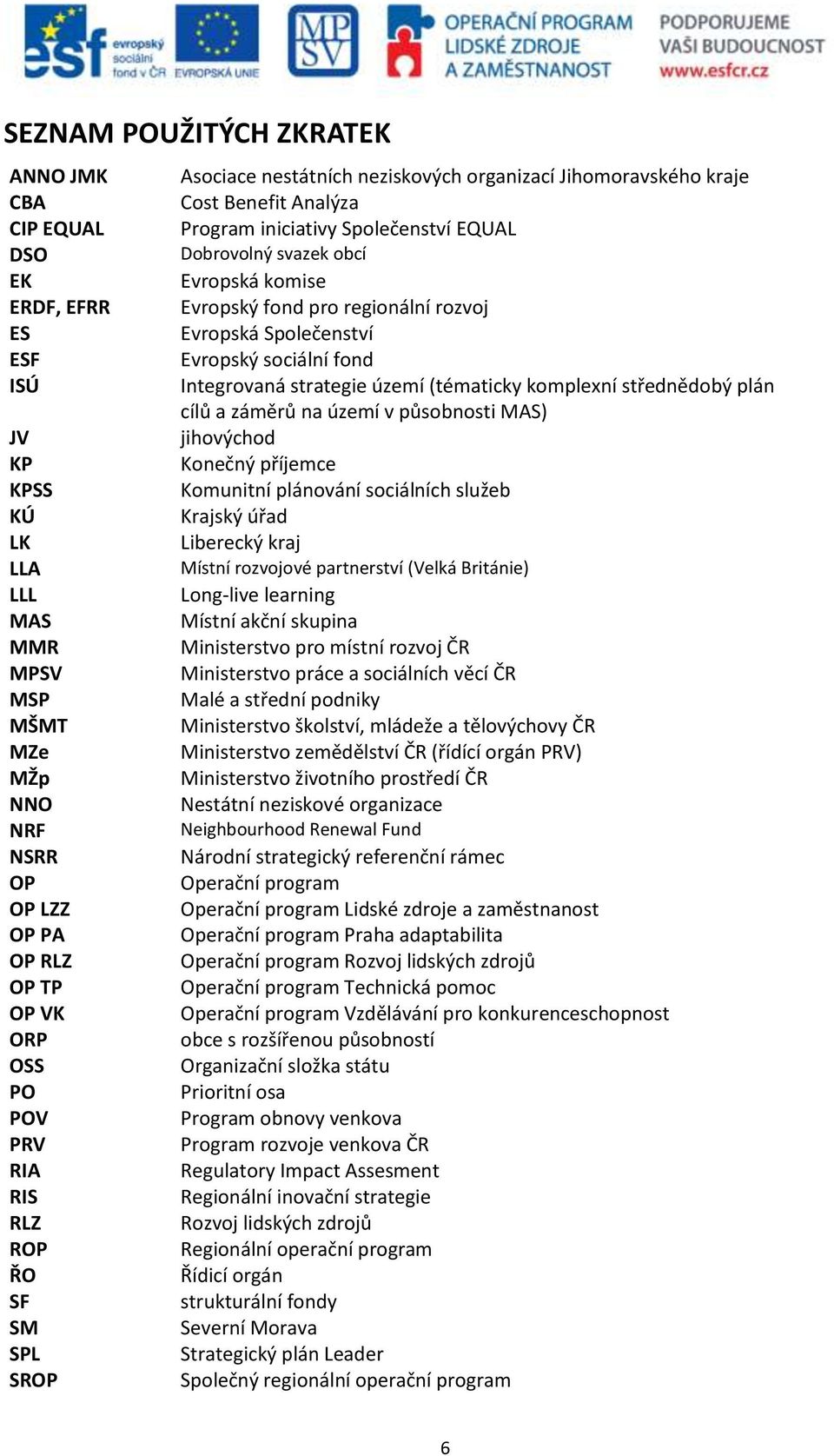 záměrů na území v působnosti MAS) JV jihovýchod KP Konečný příjemce KPSS Komunitní plánování sociálních služeb KÚ Krajský úřad LK Liberecký kraj LLA Místní rozvojové partnerství (Velká Británie) LLL