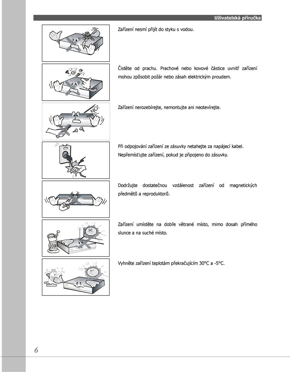 Zařízení nerozebírejte, nemontujte ani neotevírejte. Při odpojování zařízení ze zásuvky netahejte za napájecí kabel.