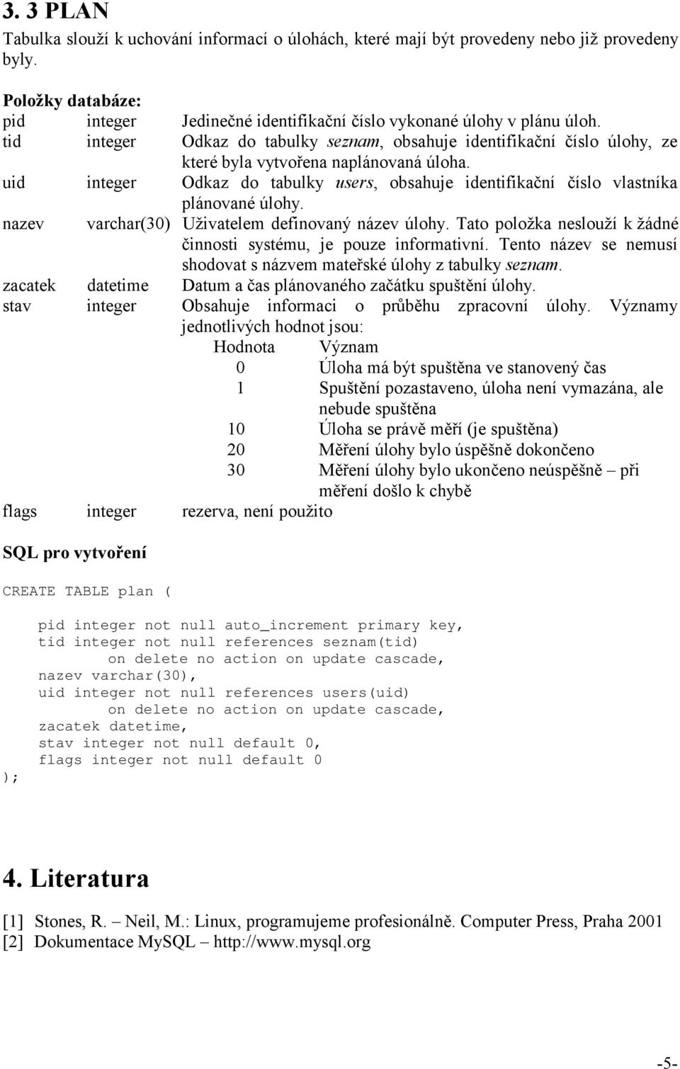 uid integer Odkaz do tabulky users, obsahuje identifikační číslo vlastníka plánované úlohy. nazev varchar(30) Uživatelem definovaný název úlohy.