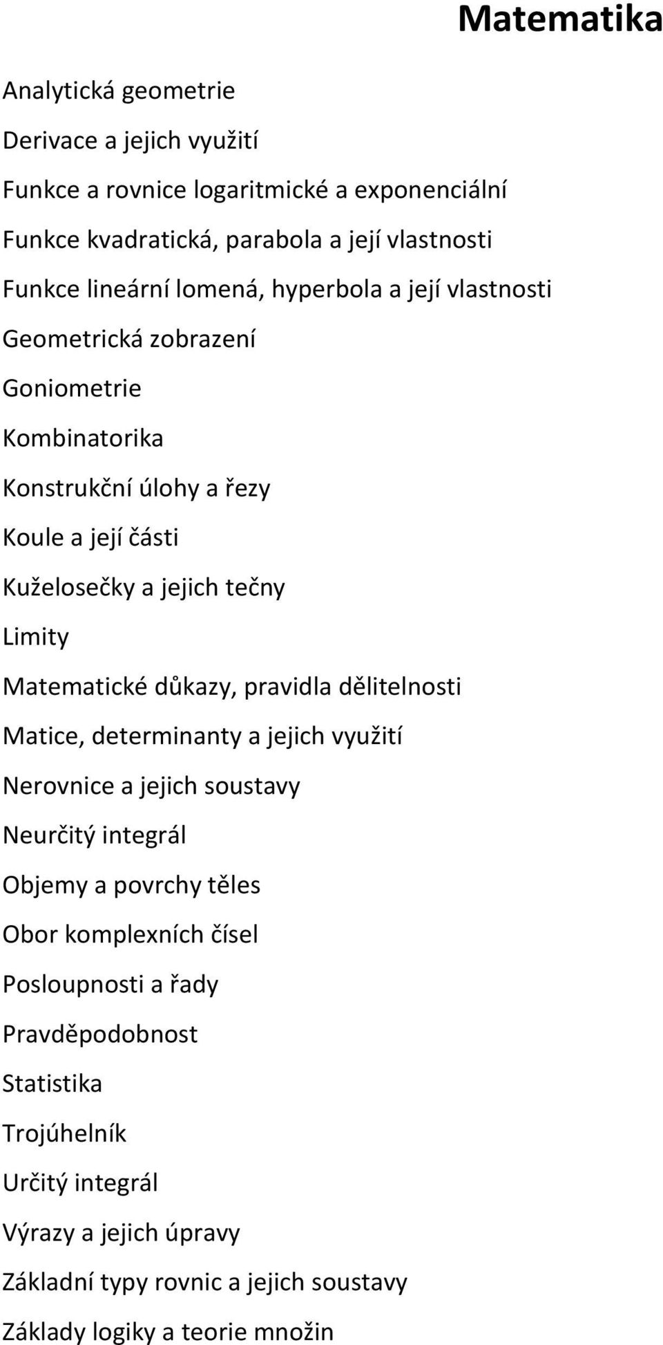 Matematické důkazy, pravidla dělitelnosti Matice, determinanty a jejich využití Nerovnice a jejich soustavy Neurčitý integrál Objemy a povrchy těles Obor komplexních