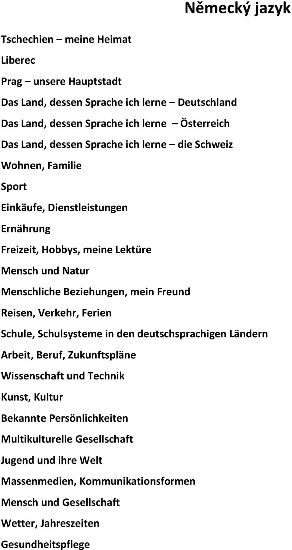 Beziehungen, mein Freund Reisen, Verkehr, Ferien Schule, Schulsysteme in den deutschsprachigen Ländern Arbeit, Beruf, Zukunftspläne Wissenschaft und Technik Kunst,