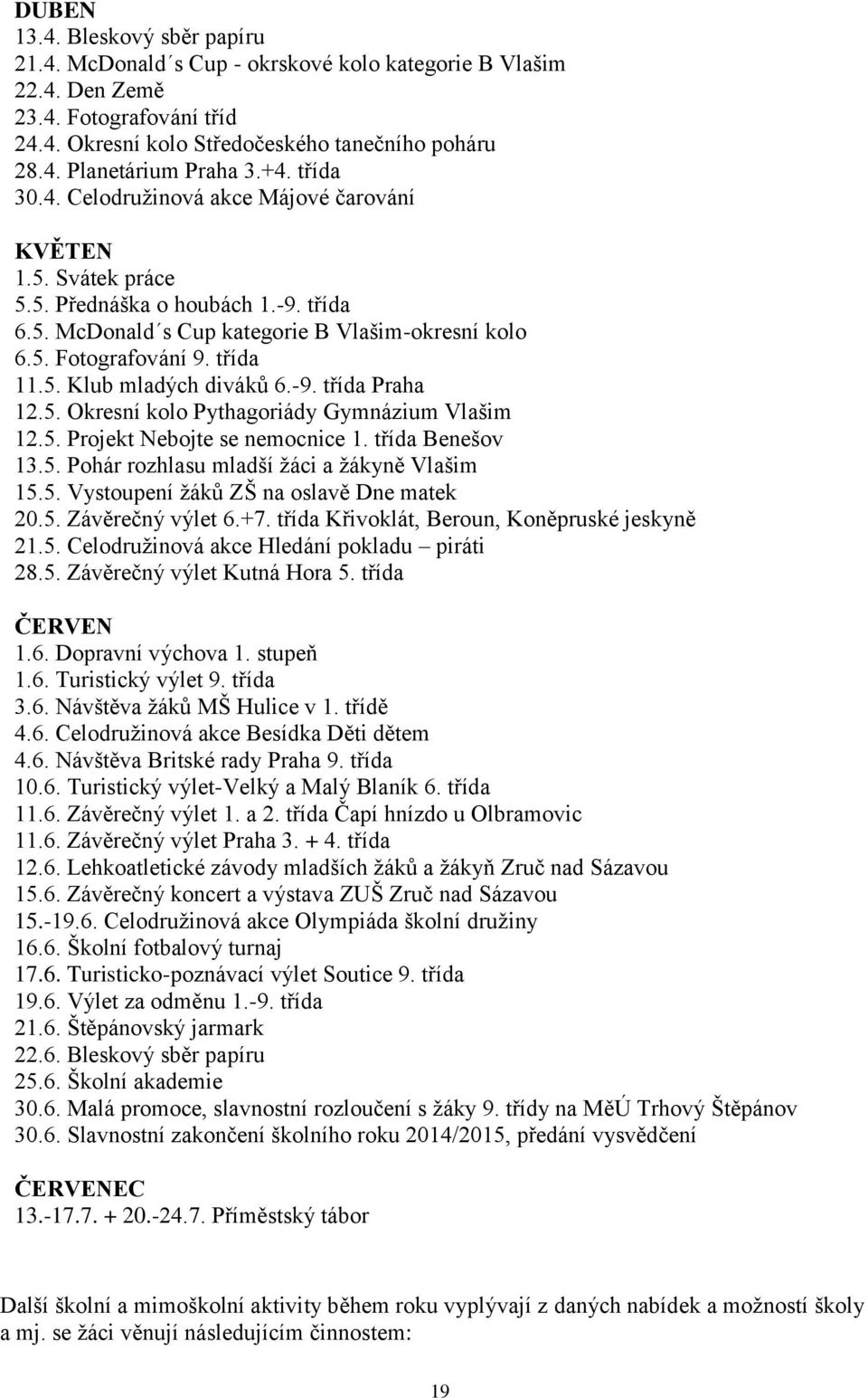 -9. třída Praha 12.5. Okresní kolo Pythagoriády Gymnázium Vlašim 12.5. Projekt Nebojte se nemocnice 1. třída Benešov 13.5. Pohár rozhlasu mladší žáci a žákyně Vlašim 15.5. Vystoupení žáků ZŠ na oslavě Dne matek 20.