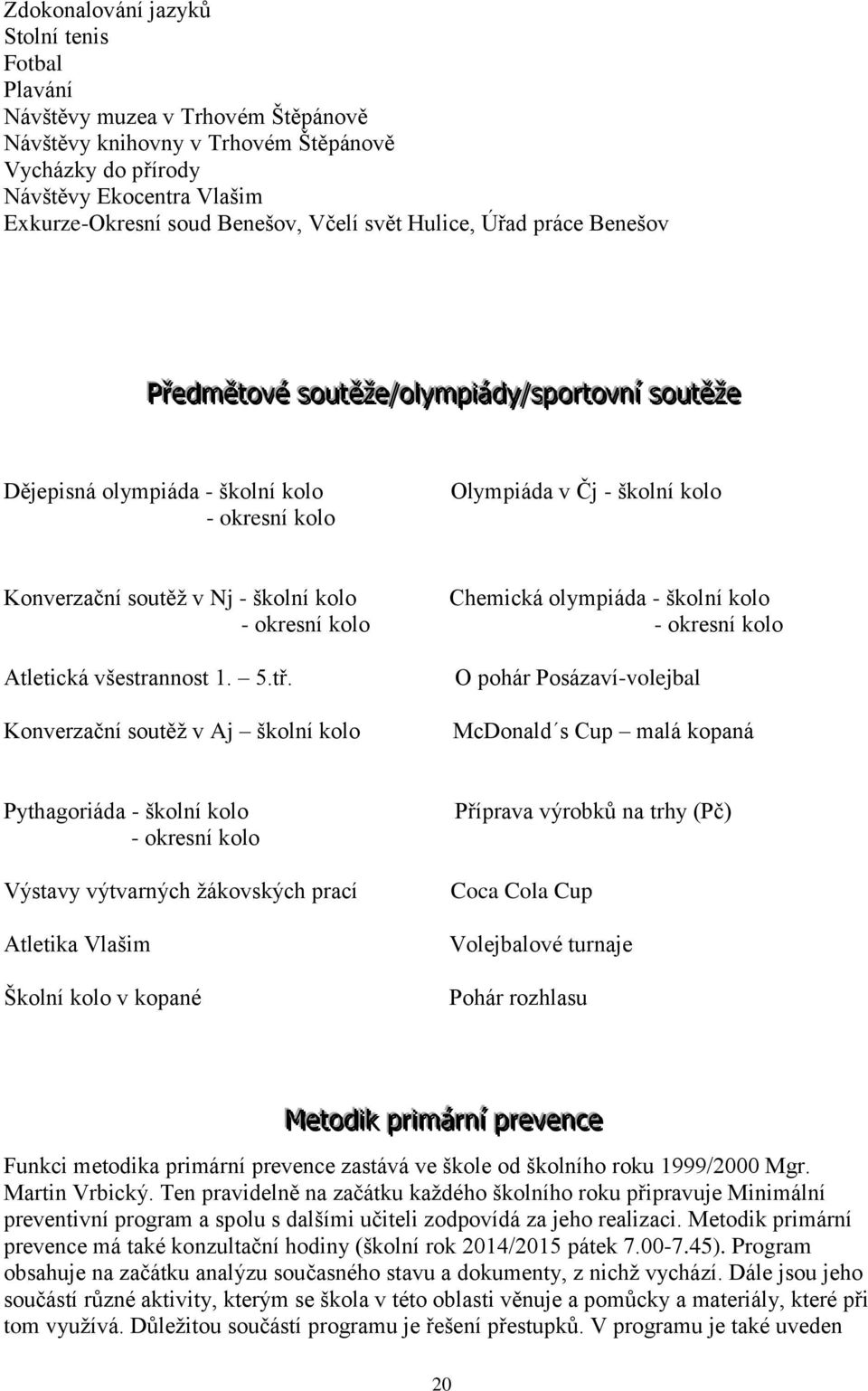 v Nj - školní kolo Chemická olympiáda - školní kolo - okresní kolo - okresní kolo Atletická všestrannost 1. 5.tř.