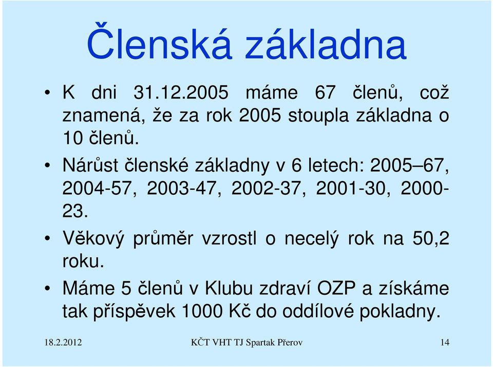 Nárůst členské základny v 6 letech: 2005 67, 2004-57, 2003-47, 2002-37, 2001-30, 2000-23.