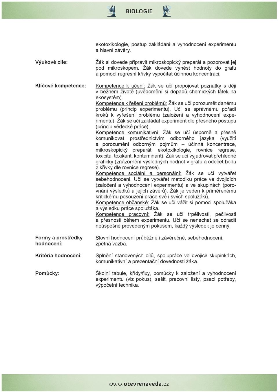 Klíčové kompetence: Kompetence k učení: Žák se učí propojovat poznatky s ději v běžném životě (uvědomění si dopadů chemických látek na ekosystém).