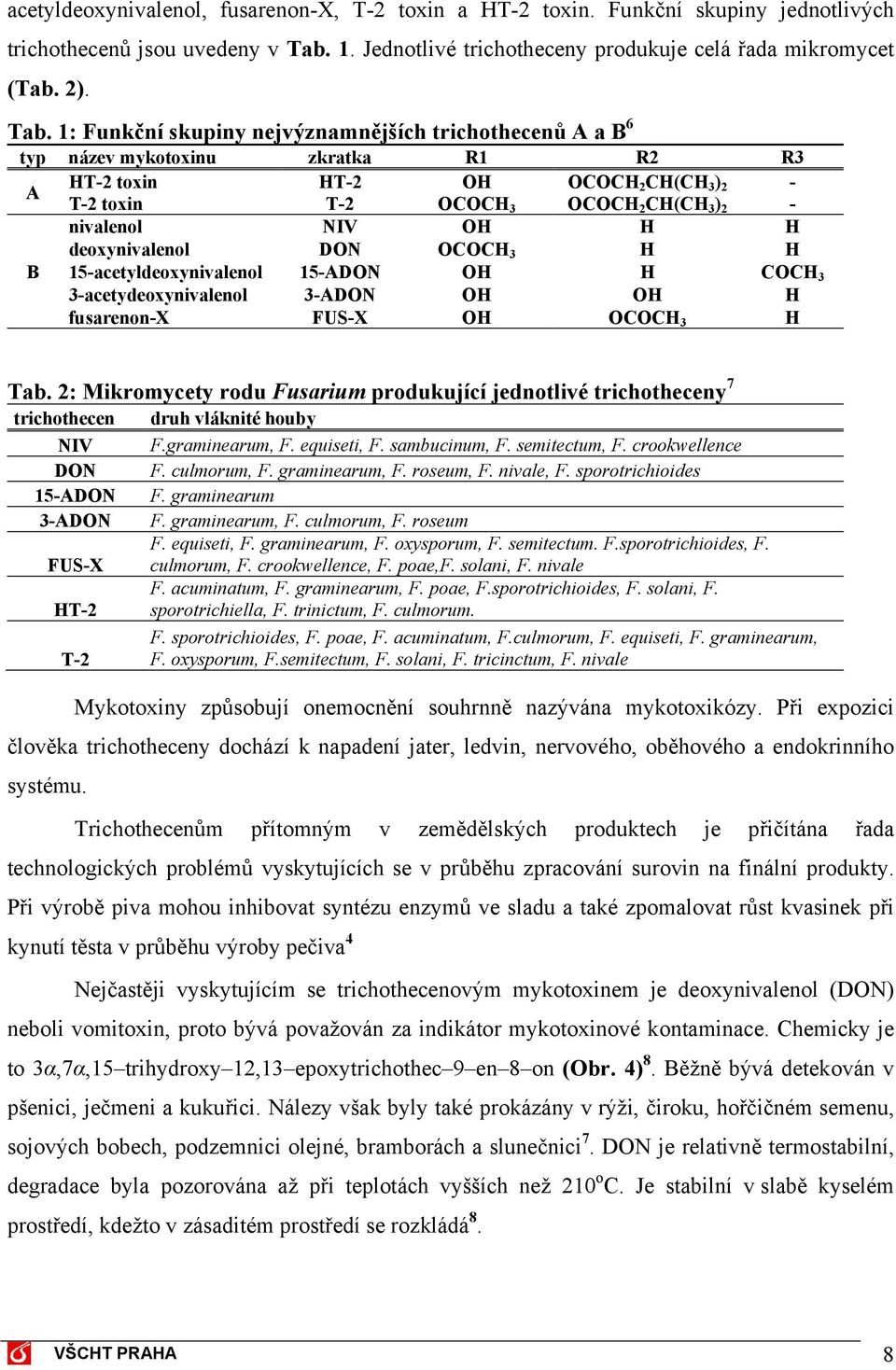 1: Funkční skupiny nejvýznamnějších trichothecenů A a B 6 typ název mykotoxinu zkratka R1 R2 R3 A T-2 toxin T-2 CC 2 C(C 3 ) 2 - T-2 toxin T-2 CC 3 CC 2 C(C 3 ) 2 - nivalenol NIV deoxynivalenol DN CC
