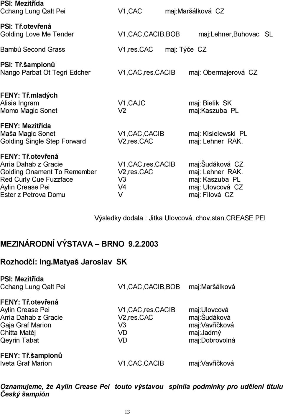 mladých Alisia Ingram V1,CAJC maj: Bielik SK Momo Magic Sonet V2 maj:kaszuba PL FENY: Mezit ída Ma a Magic Sonet V1,CAC,CACIB maj: Kisielewski PL Golding Single Step Forward V2,res.