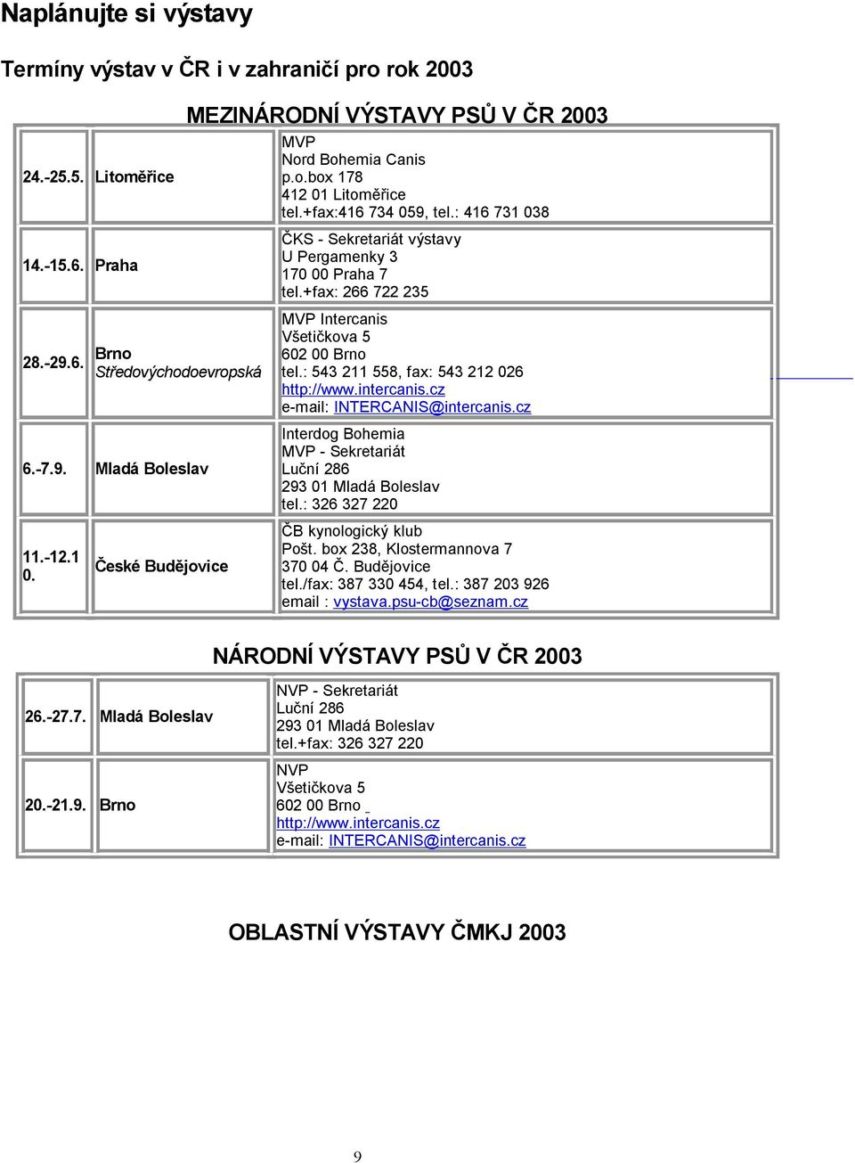 : 543 211 558, fax: 543 212 026 http://www.intercanis.cz e-mail: INTERCANIS@intercanis.cz 6.-7.9. Mladá Boleslav Interdog Bohemia MVP - Sekretariát Lu ní 286 293 01 Mladá Boleslav tel.