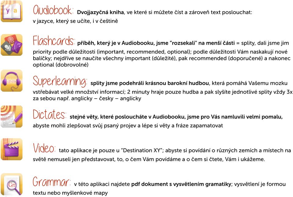 (doporučené) a nakonec optional (dobrovolné) Superlearning: splity jsme podehráli krásnou barokní hudbou, která pomáhá Vašemu mozku vstřebávat velké množství informací; 2 minuty hraje pouze hudba a