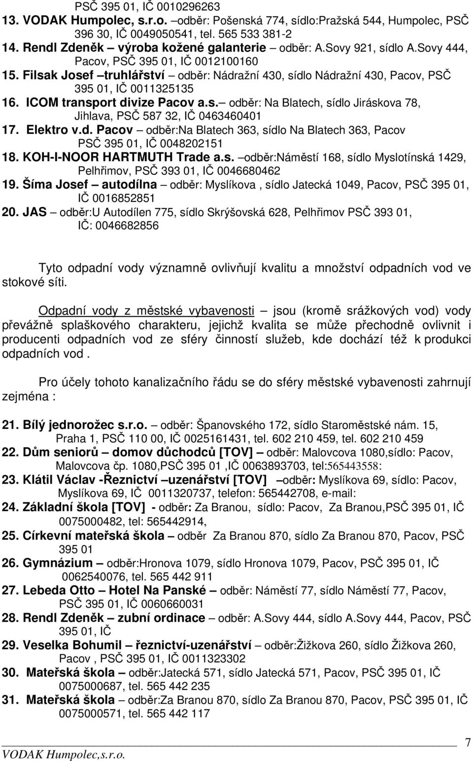 Elektro v.d. Pacov odběr:na Blatech 363, sídlo Na Blatech 363, Pacov PSČ 395 01, IČ 0048202151 18. KOH-I-NOOR HARTMUTH Trade a.s. odběr:náměstí 168, sídlo Myslotínská 1429, Pelhřimov, PSČ 393 01, IČ 0046680462 19.