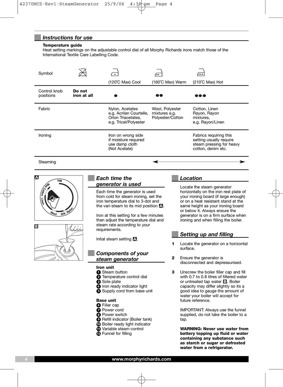 g. Rayon, Rayon Orlon Triacetates, Polyester/Cotton mixtures, e.g. Tricel/Polyester e.g. Rayon/Linen Ironing Iron on wrong side Fabrics requiring this if moisture required setting usually require use damp cloth steam pressing for heavy (Not Acetate) cotton, denim etc.