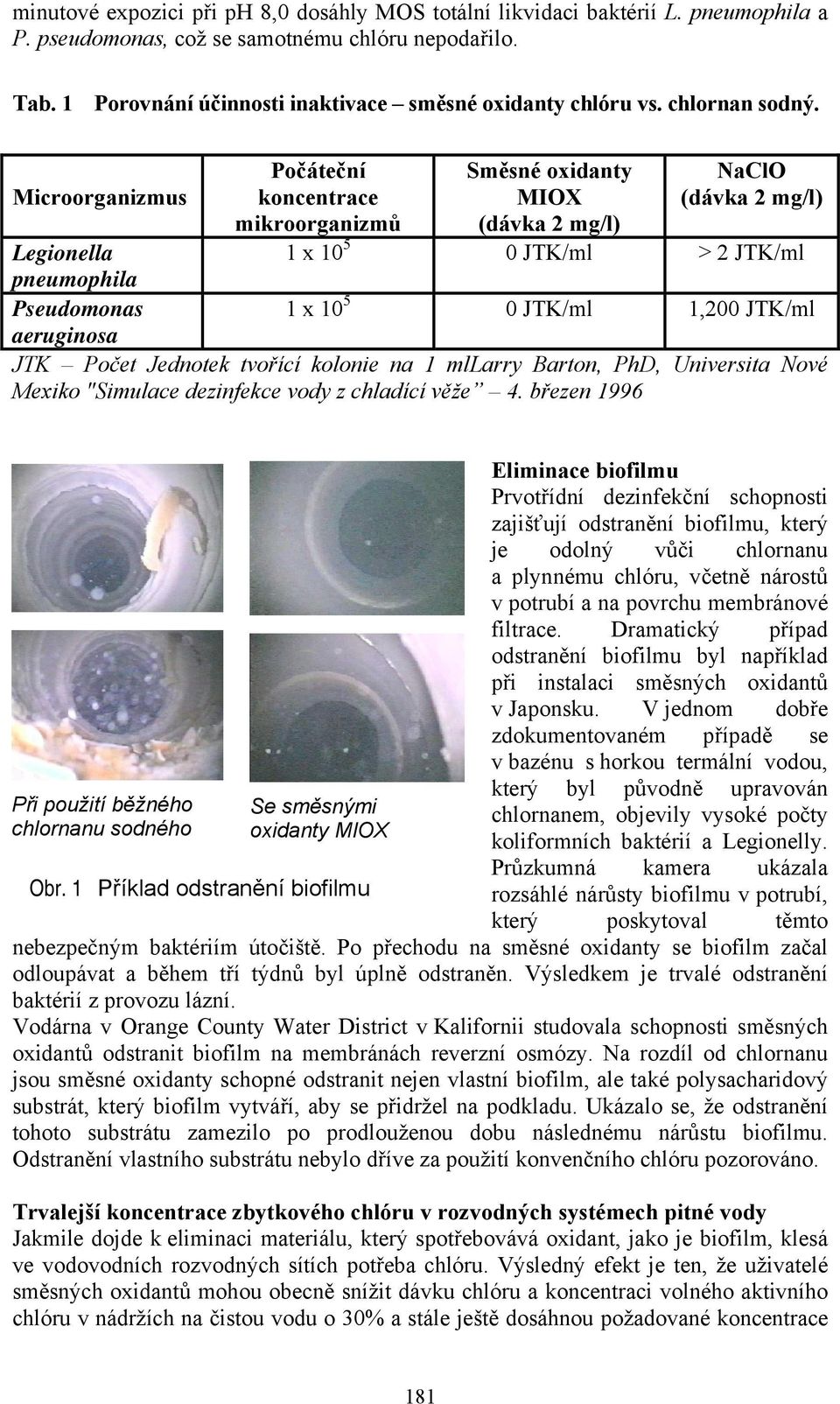 Microorganizmus Počáteční koncentrace mikroorganizmů Směsné oxidanty MIOX (dávka 2 mg/l) NaClO (dávka 2 mg/l) Legionella 1 x 10 5 0 JTK/ml > 2 JTK/ml pneumophila Pseudomonas 1 x 10 5 0 JTK/ml 1,200