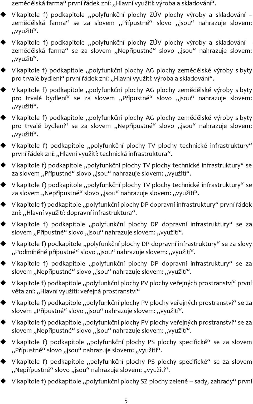 V kapitole f) podkapitole polyfunkční plochy ZÚV plochy výroby a skladování zemědělská farma se za slovem Nepřípustné slovo jsou nahrazuje slovem: využití.