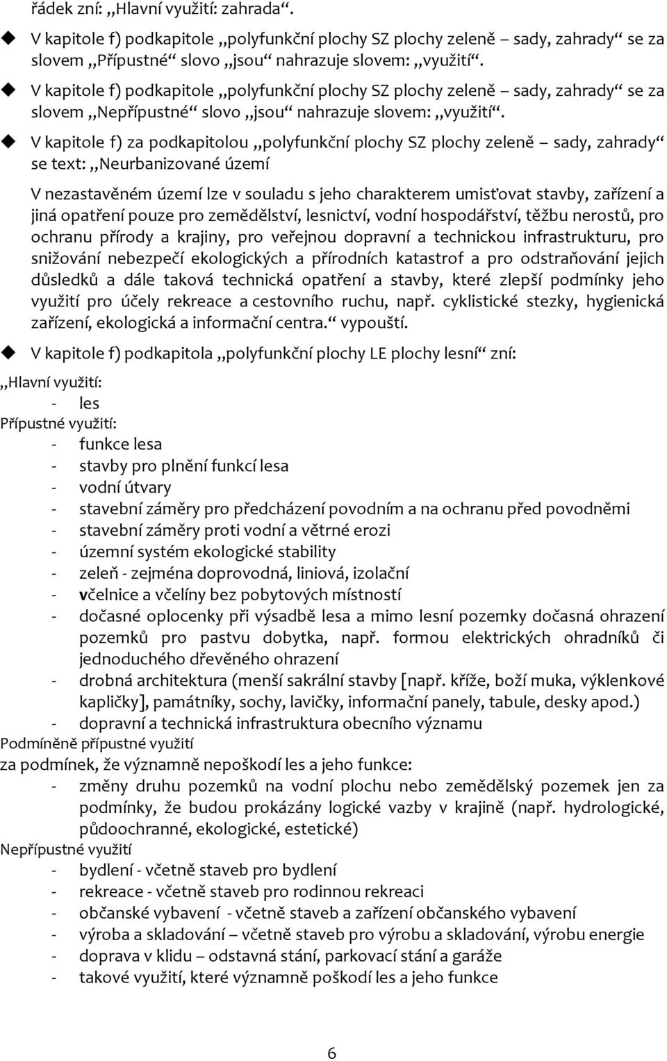 V kapitole f) za podkapitolou polyfunkční plochy SZ plochy zeleně sady, zahrady se text: Neurbanizované území V nezastavěném území lze v souladu s jeho charakterem umisťovat stavby, zařízení a jiná