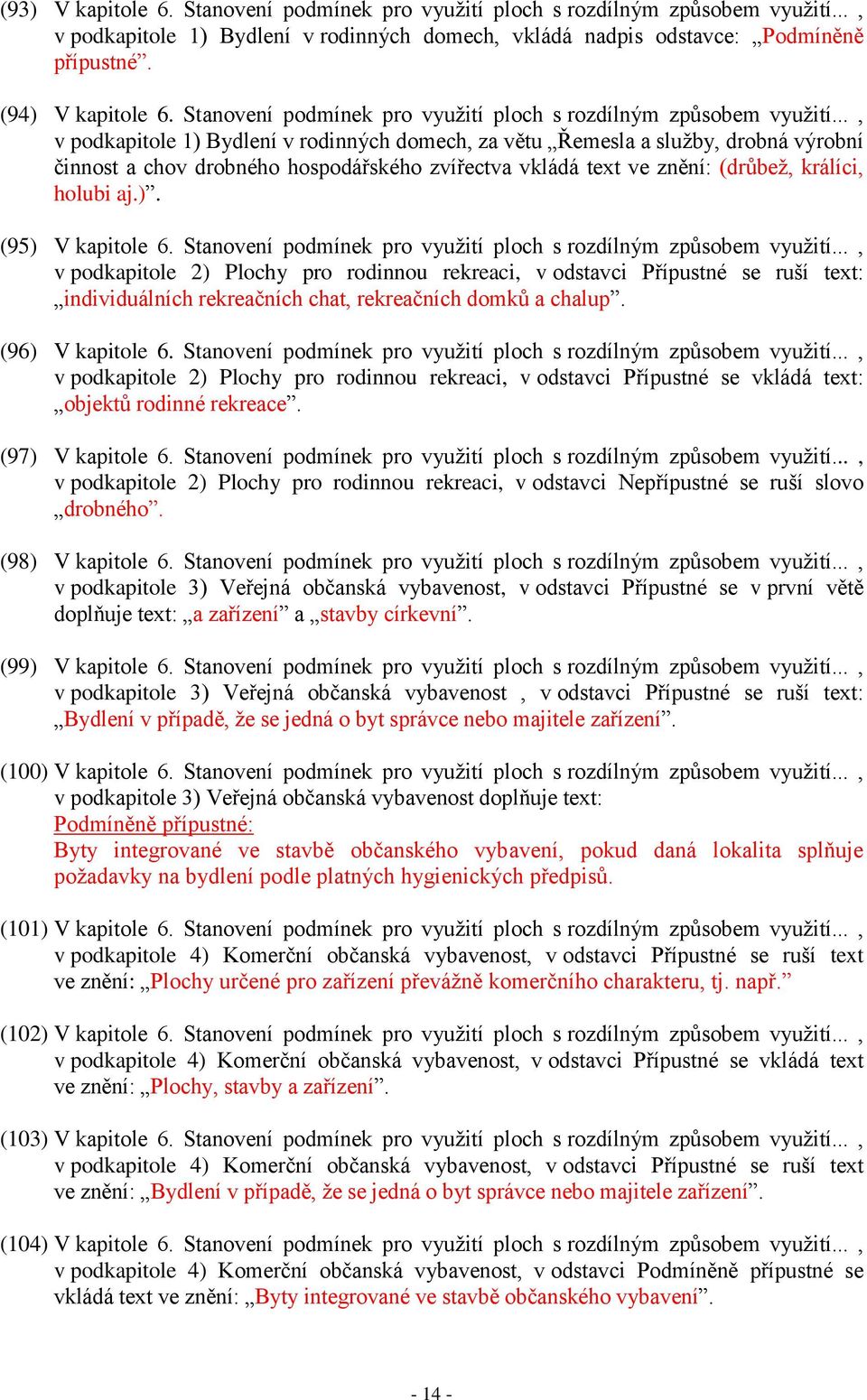 .., v podkapitole 1) Bydlení v rodinných domech, za větu Řemesla a služby, drobná výrobní činnost a chov drobného hospodářského zvířectva vkládá text ve znění: (drůbež, králíci, holubi aj.). (95) V kapitole 6.