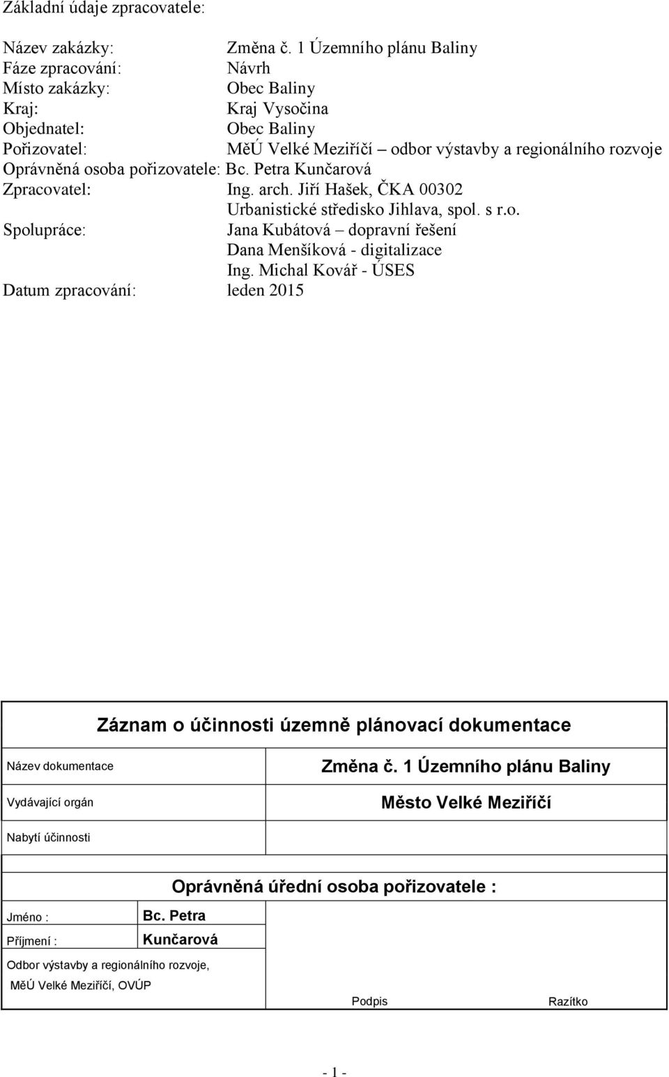 osoba pořizovatele: Bc. Petra Kunčarová Zpracovatel: Ing. arch. Jiří Hašek, ČKA 00302 Urbanistické středisko Jihlava, spol. s r.o. Spolupráce: Jana Kubátová dopravní řešení Dana Menšíková - digitalizace Ing.