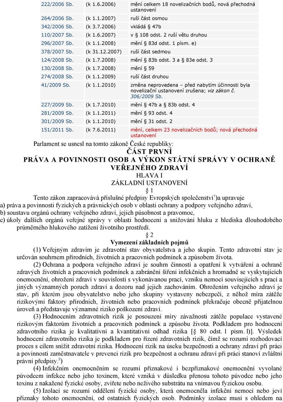 (k 1.1.2009) ruší část druhou 41/2009 Sb. (k 1.1.2010) změna neprovedena před nabytím účinnosti byla novelizační ustanovení zrušena; viz zákon č. 306/2009 Sb. 227/2009 Sb. (k 1.7.2010) mění 47b a 83b odst.