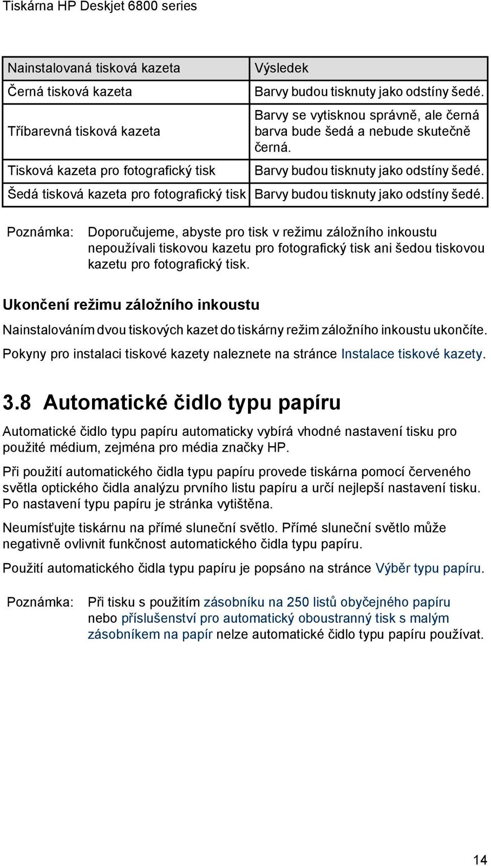 Poznámka: Doporučujeme, abyste pro tisk v režimu záložního inkoustu nepoužívali tiskovou kazetu pro fotografický tisk ani šedou tiskovou kazetu pro fotografický tisk.