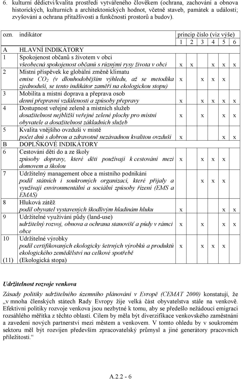 indikátor princip číslo (viz výše) 1 2 3 4 5 6 A HLAVNÍ INDIKÁTORY 1 Spokojenost občanů s životem v obci všeobecná spokojenost občanů s různými rysy života v obci x 2 Místní příspěvek ke globální