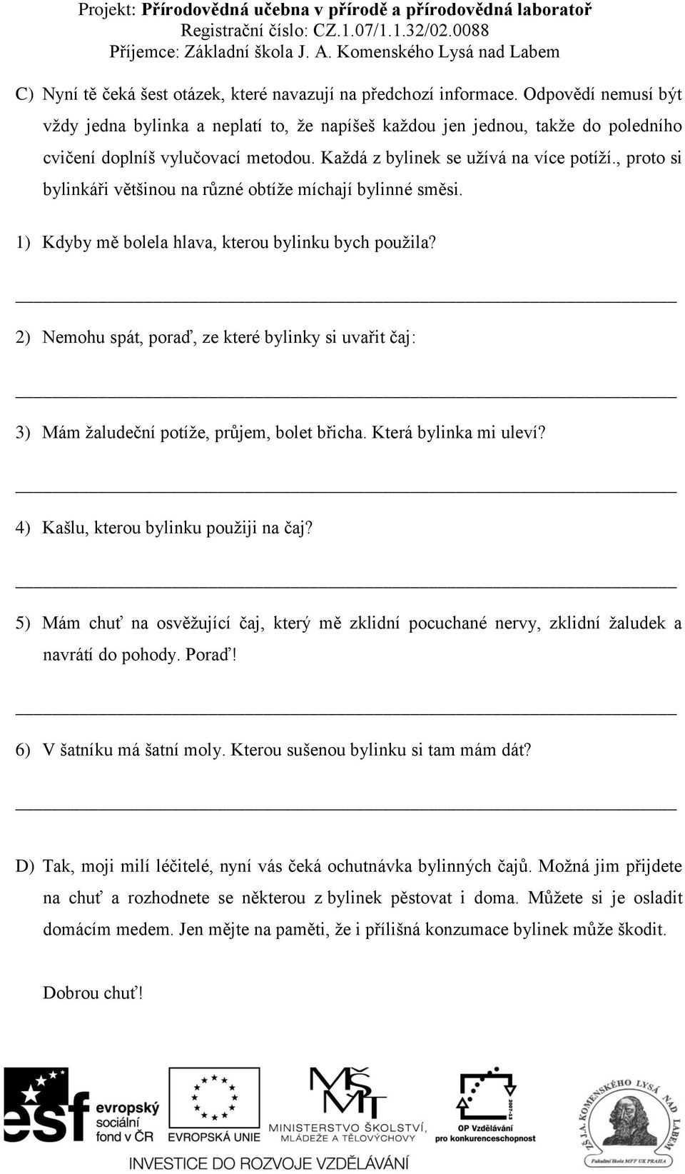 , proto si bylinkáři většinou na různé obtíže míchají bylinné směsi. 1) Kdyby mě bolela hlava, kterou bylinku bych použila?