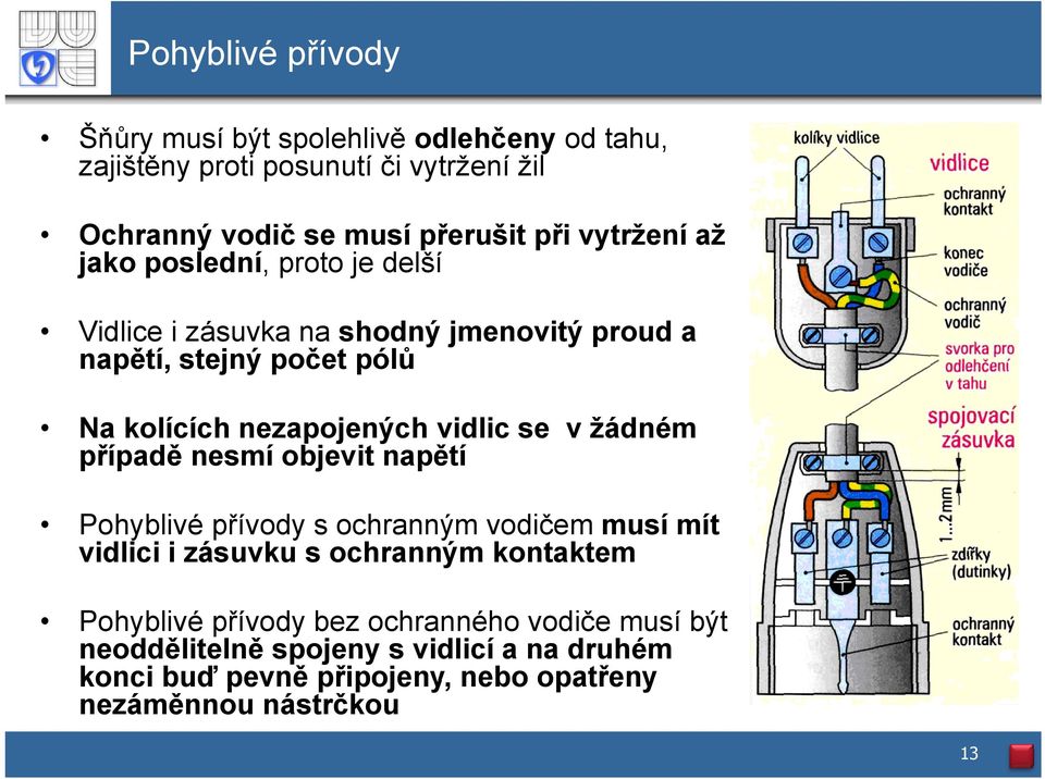 vidlic se v žádném případě nesmí objevit napětí Pohyblivé přívody s ochranným vodičem musí mít vidlici i zásuvku s ochranným kontaktem