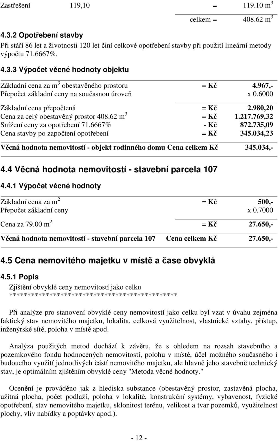 6667% - Kč 872.735,09 Cena stavby po započtení opotřebení = Kč 345.034,23 Věcná hodnota nemovitostí - objekt rodinného domu Cena celkem Kč 345.034,- 4.