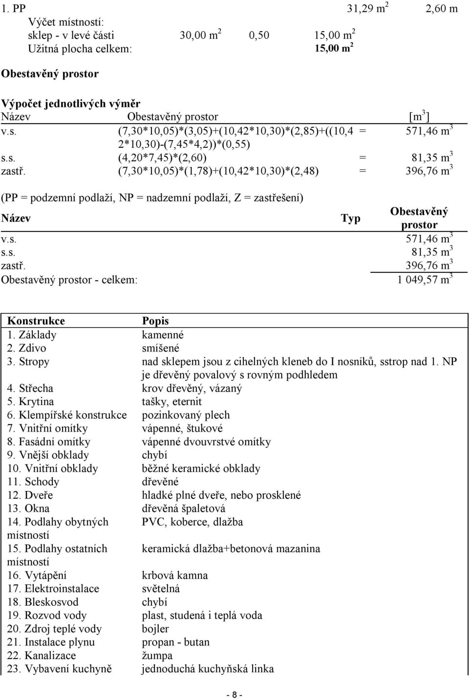 s. 81,35 m 3 zastř. 396,76 m 3 Obestavěný prostor - celkem: 1 049,57 m 3 Konstrukce Popis 1. Základy kamenné 2. Zdivo smíšené 3. Stropy nad sklepem jsou z cihelných kleneb do I nosníků, sstrop nad 1.