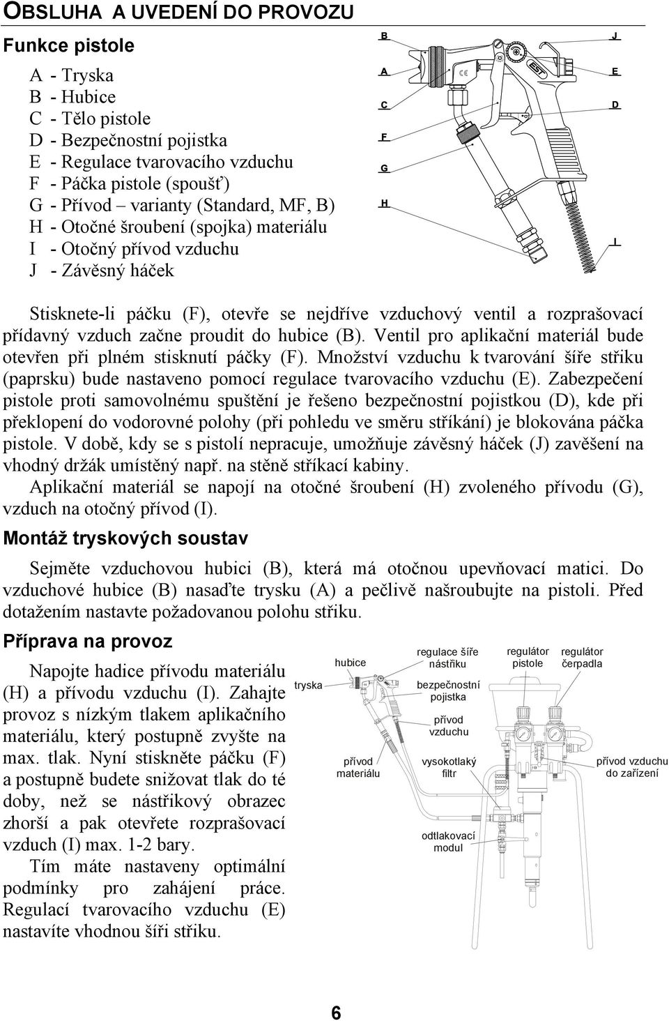 hubice (B). Ventil pro aplikační materiál bude otevřen při plném stisknutí páčky (F). Množství vzduchu k tvarování šíře střiku (paprsku) bude nastaveno pomocí regulace tvarovacího vzduchu (E).