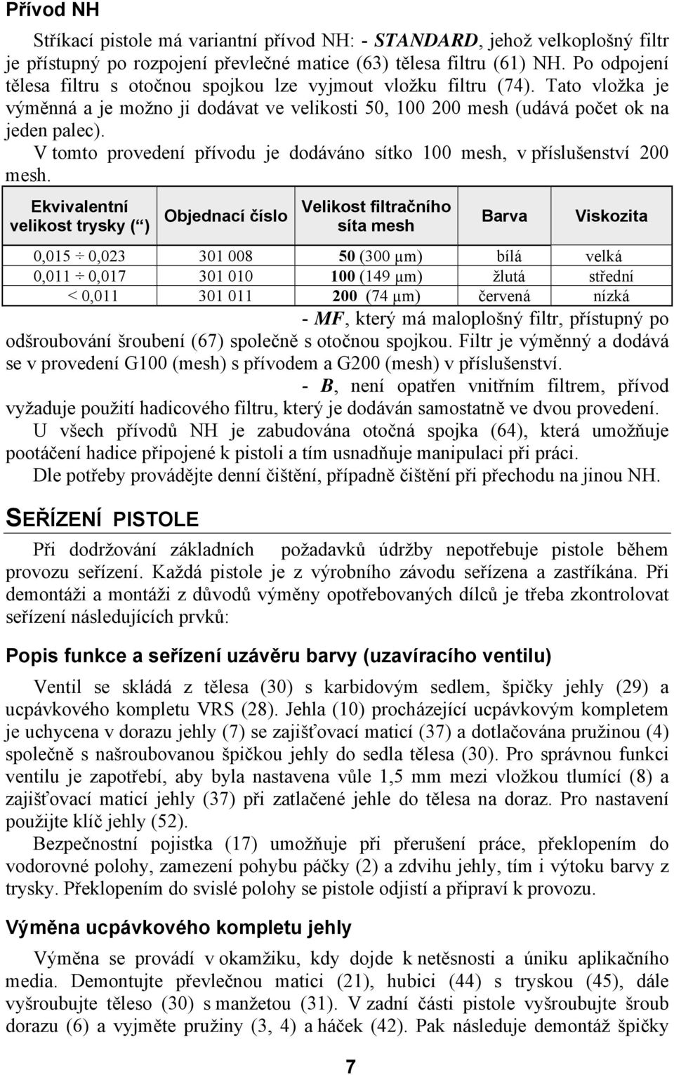 V tomto provedení přívodu je dodáváno sítko 100 mesh, v příslušenství 200 mesh.