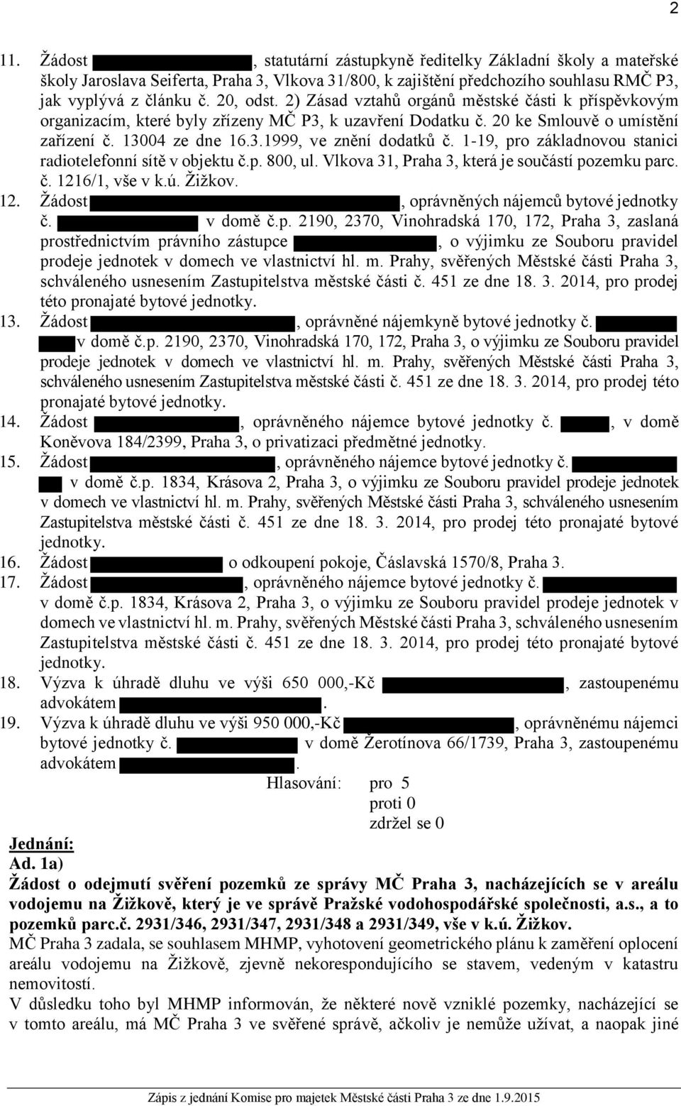 1-19, pro základnovou stanici radiotelefonní sítě v objektu č.p. 800, ul. Vlkova 31, Praha 3, která je součástí pozemku parc. č. 1216/1, vše v k.ú. Žižkov. 12. Žádost, oprávněných nájemců bytové jednotky č.