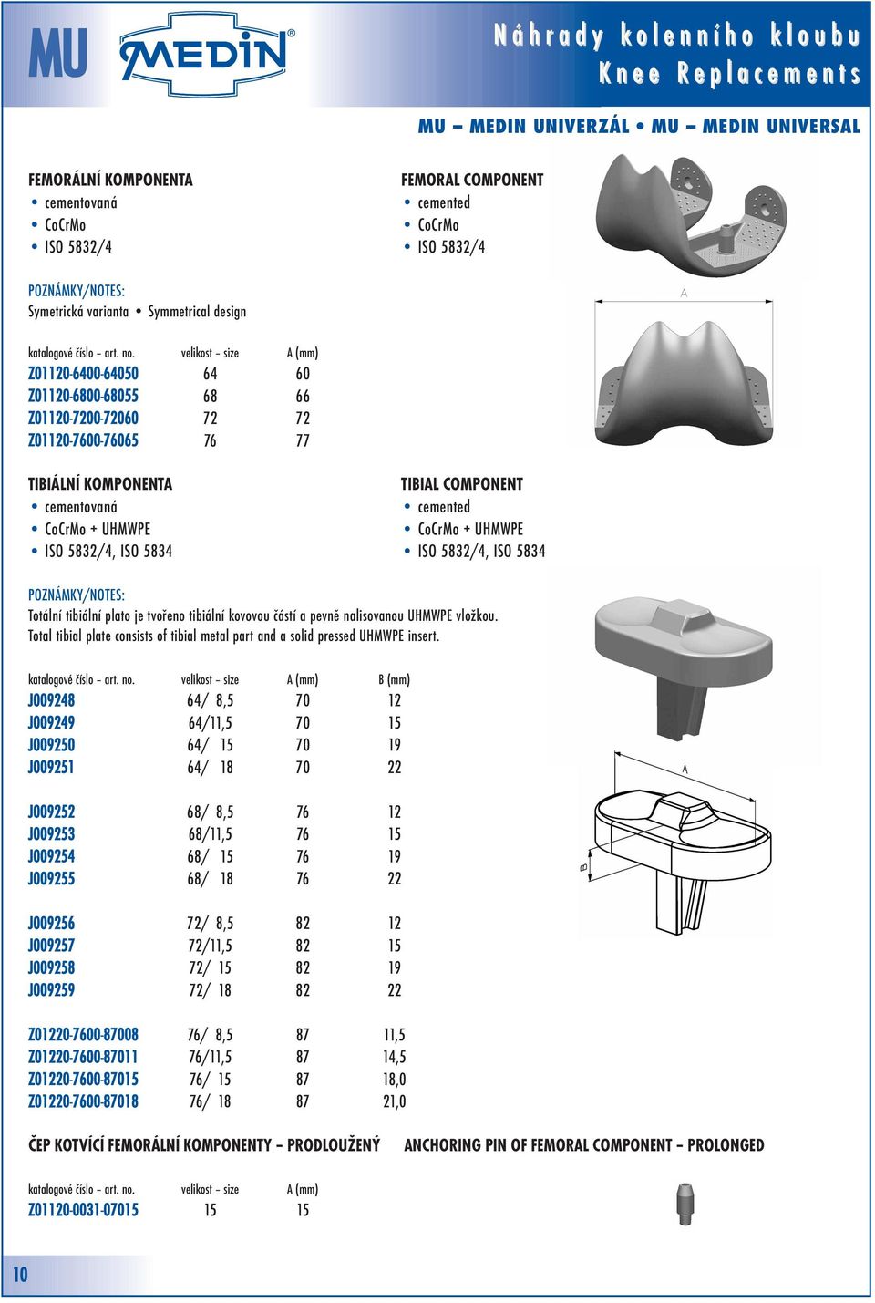 UHMWPE ISO 58/, ISO 583 POZNÁMKY/NOTES: Totální tibiální plato je tvořeno tibiální kovovou částí a pevně nalisovanou UHMWPE vložkou.