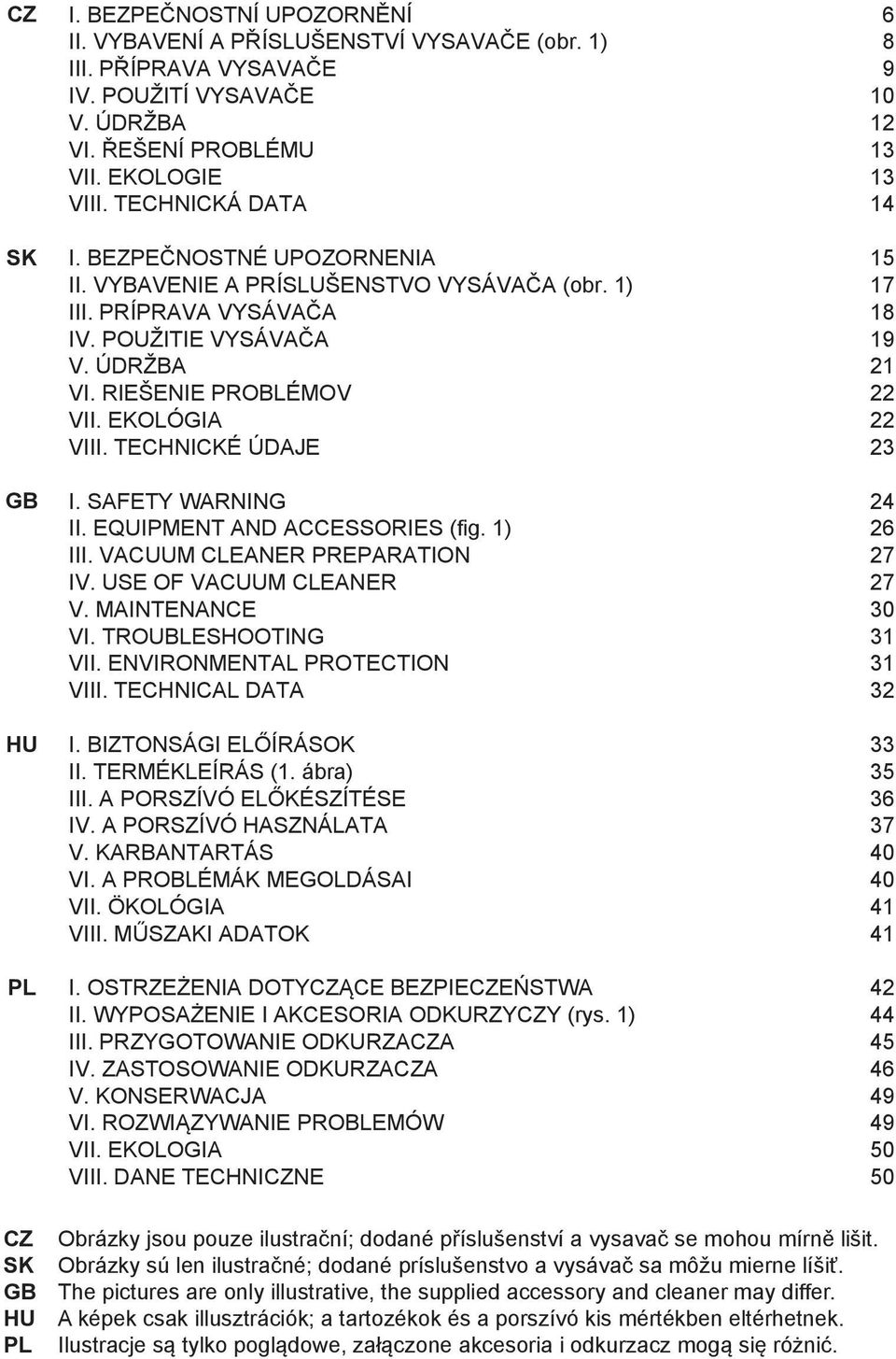 RIEŠENIE PROBLÉMOV 22 VII. EKOLÓGIA 22 VIII. TECHNICKÉ ÚDAJE 23 I. SAFETY WARNING 24 II. EQUIPMENT AND ACCESSORIES (fig. 1) 26 III. VACUUM CLEANER PREPARATION 27 IV. USE OF VACUUM CLEANER 27 V.