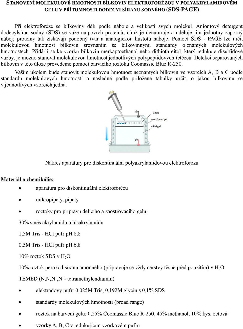 Aniontový detergent dodecylsíran sodný (SDS) se váže na povrch proteinů, čímž je denaturuje a uděluje jim jednotný záporný náboj; proteiny tak získávají podobný tvar a analogickou hustotu náboje.