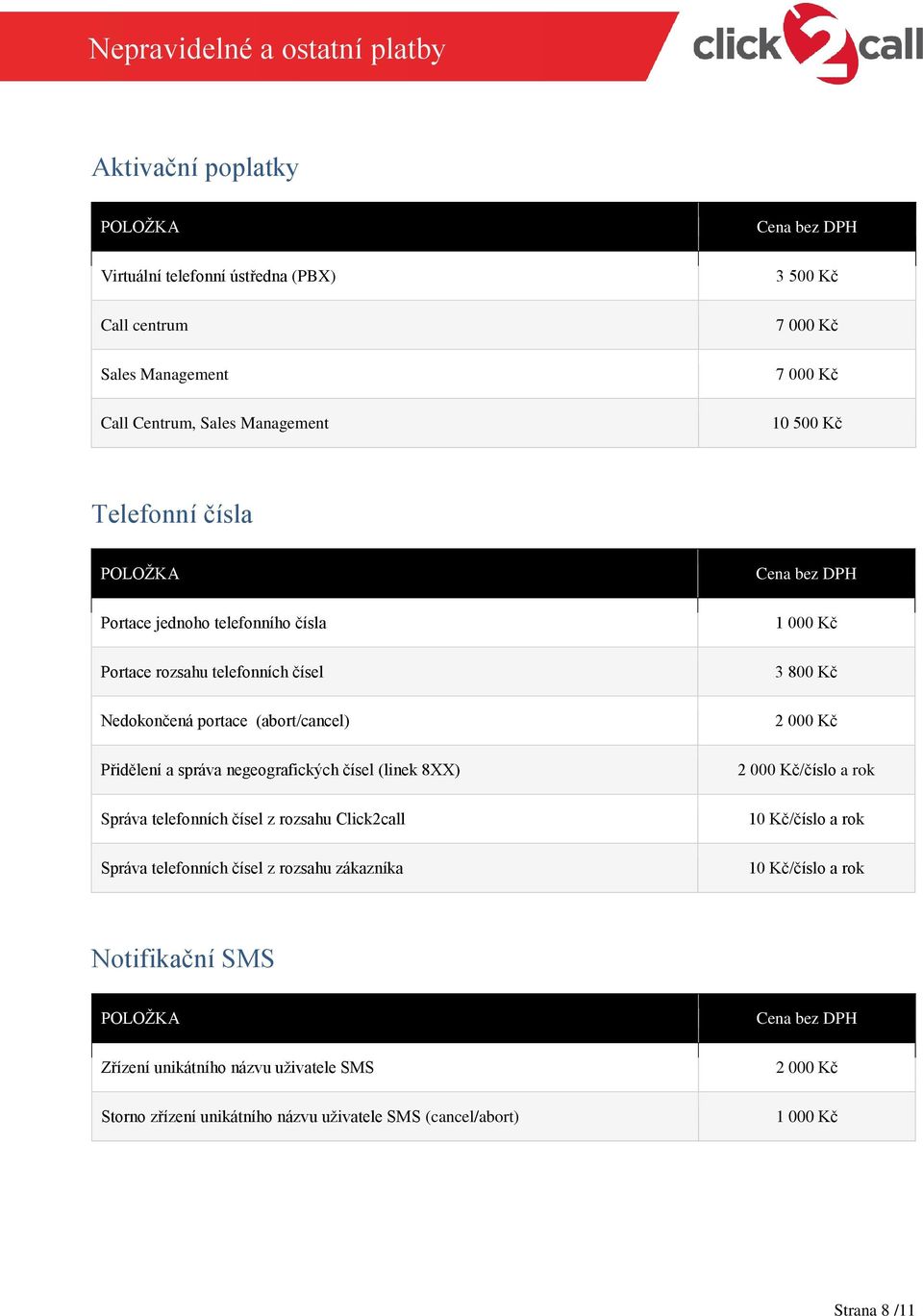 čísel (linek 8XX) Správa telefonních čísel z rozsahu Click2call Správa telefonních čísel z rozsahu zákazníka 1 000 Kč 3 800 Kč 2 000 Kč 2 000 Kč/číslo a rok 10 Kč/číslo