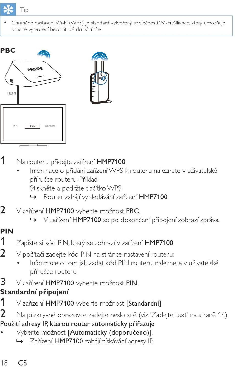 Router zahájí vyhledávání zařízení HMP7100. 2 V zařízení HMP7100 vyberte možnost PBC. V zařízení HMP7100 se po dokončení připojení zobrazí zpráva.