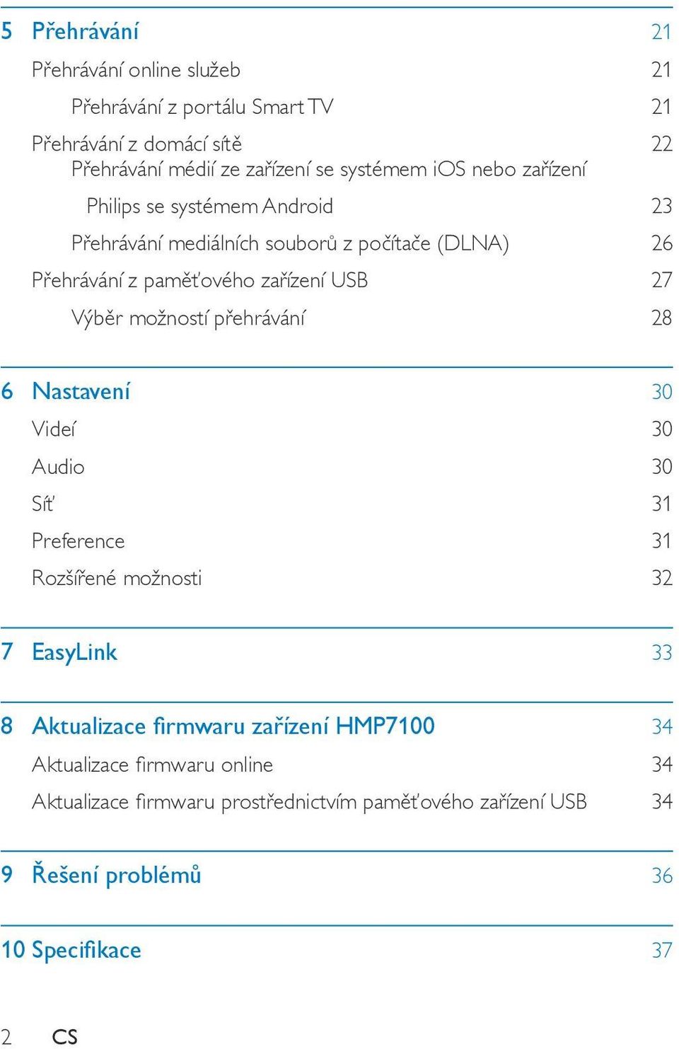 možností přehrávání 28 6 Nastavení 30 Videí 30 Audio 30 Síť 31 Preference 31 Rozšířené možnosti 32 7 EasyLink 33 8 Aktualizace firmwaru zařízení