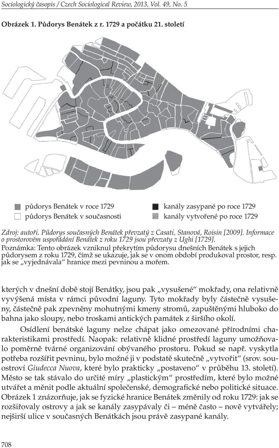 Půdorys současných Benátek převzatý z Casati, Stanová, Roisin [2009]. Informace o prostorovém uspořádání Benátek z roku 1729 jsou převzaty z Ughi [1729].